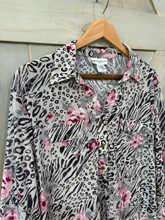 Rebecca Malone Tops - Navy Animal-Print 3-Button Front Top with Pink Floral and Silver Accents